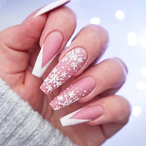 Christmas Pink Press on Nails Long Coffin Fake Nails Christmas French Tip False Nails Acrylic Artificial Matte Full Cover Stick on Nails White Snowflake Square Design for Women Girls Manicure Art