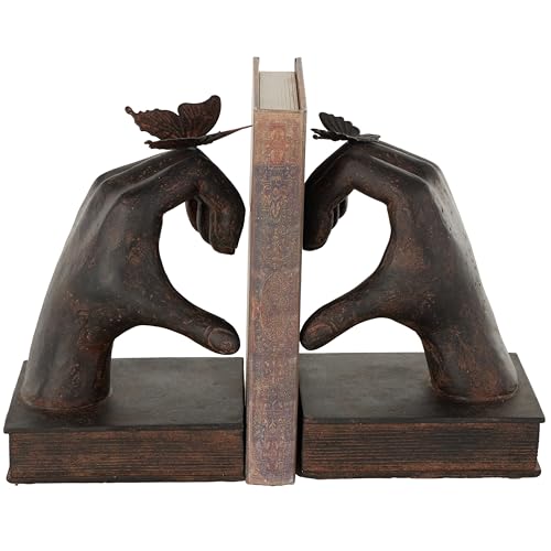 Deco 79 Resin Hands Decorative Bookends Heart Inspired Non Skid Bookends with Butterfly and Copper Accents, Set of 2 Office Bookends5 W, 8" H, Dark Brown