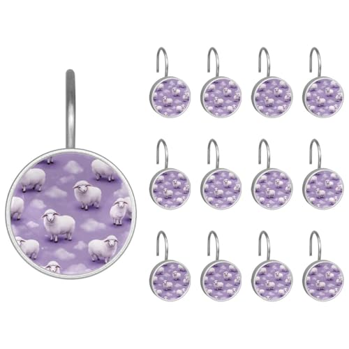 12pcs Glass Shower Curtain Hooks, Rust Resistant Decorative Shower Rings for Bathroom Living Room,Stainless Steel Hooks for Shower Curtain and Liner Rods (Playful Purple Sheep)