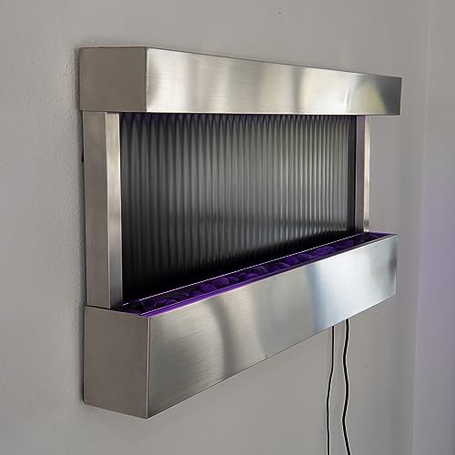 Image of 47 inches Indoor Wall-Mounted Waterfall Mirror Fountain - LED Lighted Silver Metal Decor with Rock Base by XBrand