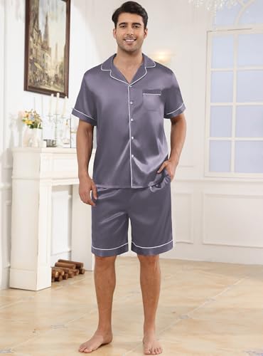 Image of Veseacky Mens Silk Satin Pajamas Set Short Sleeve Sleepwear Button-Down Pjs Sets Two-Pieces Loungewear with Pockets S-XXL