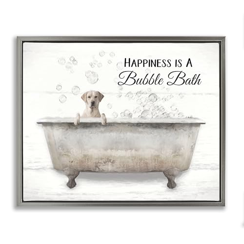 Image of 'Happiness Is A Bubble Bath Dog'| Floating Frame Canvas Art | Stupell Industries | Gray, 31 x 25 Inches, Easy to Hang and Sturdy, Made in USA, by Lori Deiter
