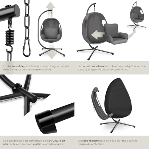 Fauteuil Œuf Suspendu Acier 160 kg Gris, TecTake