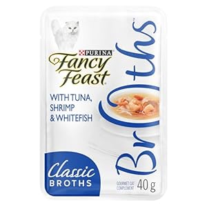 Fancy Feast Classic Broths Cat Food Complement, Tuna, Shrimp & Whitefish – 40 g Pouch (16 Pack)