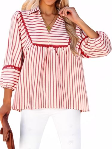 Tankaneo Womens Striped Babydoll Tops Oversized 3/4 Sleeve Peplum Blouse Loose Fit Pleated Cute Shirts