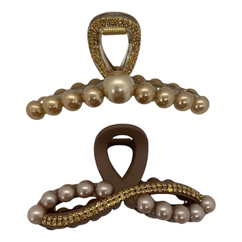 SyYsRr 2 Pcs elegant resin Big Banana Jaw Clip for Thick Hair and Long Hair exquisite pearl claw clips, Non-Slip Durable Large hair clips（Neutral Color）