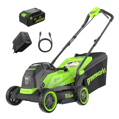 Greenworks 24V Tagliaerba a batteria,larghezza di taglio 33 cm fino a 280 m² e Tagliabordi senza fili con testa di alimentazione automatica, con 1 batteria 4Ah e caricabatteria - MTCK24B410-01