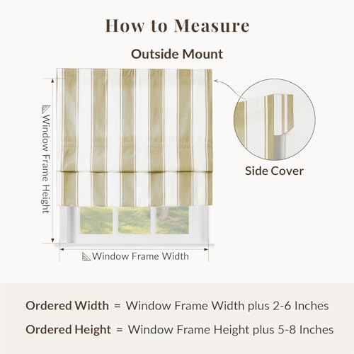 Image of TWOPAGES No Drill Wide Stripe Roman Shades Cordless Roman Blinds for Windows, Custom Made Light Filtering Blackout Blinds Farmhouse Shades for Kitchen, Khaki Bordered Wide Bar, 1 Piece