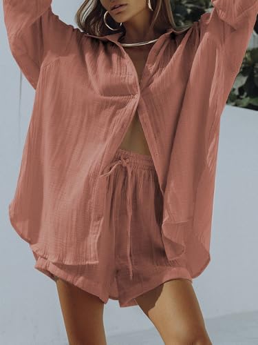 Image of Fixmatti Women 2 Piece Outfits Long Sleeve Button Down Blouse and Shorts Sweatsuit Sets