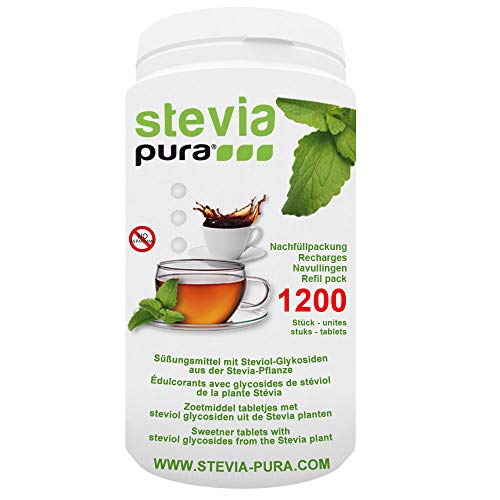 steviapura | Stevia Tabs, Zuckerersatz in der günstigen Nachfüllpackung, wiederverschließbar - 1200 Tabs + Gratis Dosierspender Cover