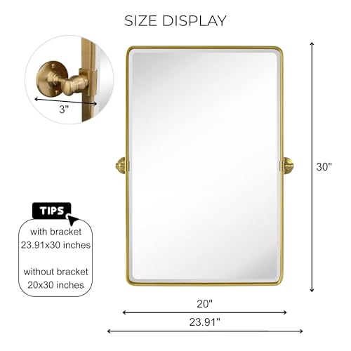 Image of TEHOME 20x30'' Pivot Rectangle Bathroom Vanity Mirror Brushed Gold Rounded Corner Metal Framed Tilting Beveled Vanity Wall Mirrors