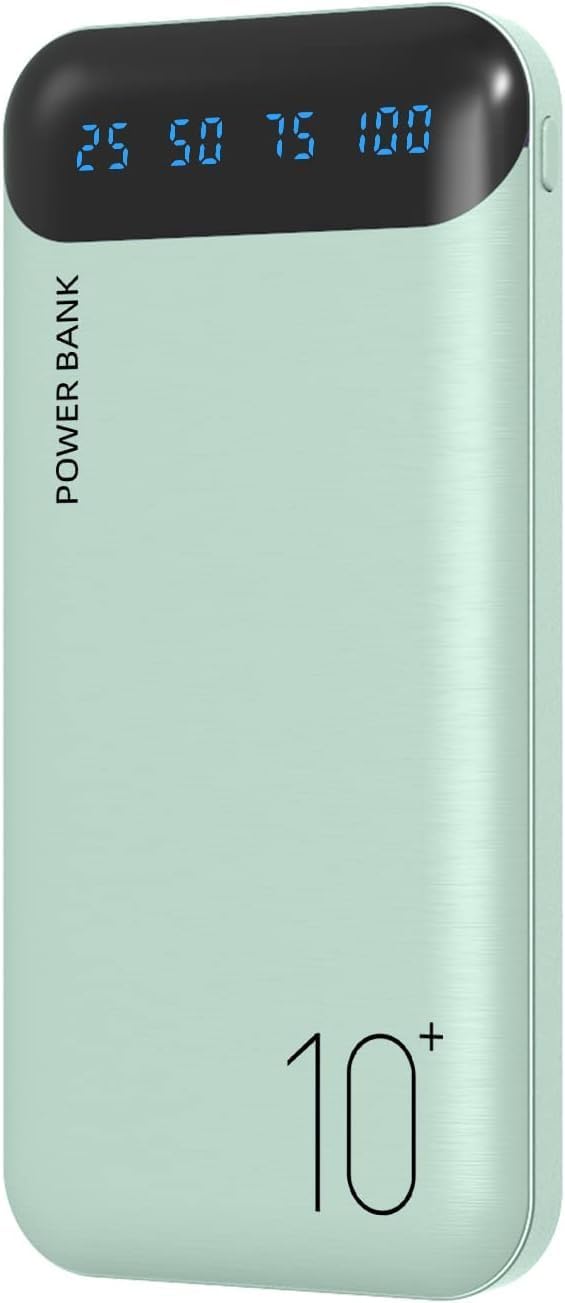 Power Bank 10000mAh Portable Charger Slim External Battery Pack with 2 USB 2.4A Outputs and USB C in/Out Compatible with Huawei iPhone 15 14 13 12 iPads Samsung S20 Android Tablet (Green, Large)