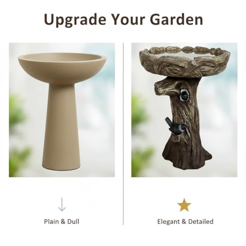 Image of SunJet 23 Inch High Wood-Look Concrete Bird Bath with Decorative Faux Bird - Birdbath Rustic & Long-Lasting Design, Enhances Garden, Patio, Yard, Lawn Decor