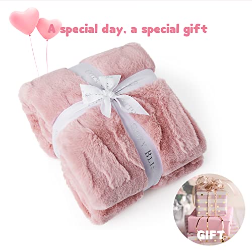Cozy Bliss Jacquard Faux Fur Blanket Wife Gifts Throw Blanket For Couch, Pink Love Blanket Size 50"X60", Extra Soft Fluffy Warm Blanket For Sofa Bed Living Room Bedroom Car (Pink Love, 50X 60) #TOP3
