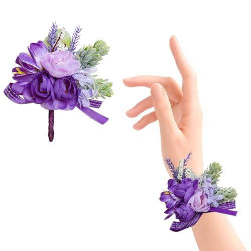 Hftjtsa 2PCS Purple Corsage and Boutonniere Set Small Rose Handmade Artificial Bride Corsage Wristlet Bracelets Men Boutonniere for Wedding Prom Suit Decorations Party Ceremony
