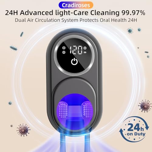 Image of UV Toothbrush Sanitizer Holder for Bathroom, Wall Mounted Heated Drying | Auto Sensor, 35-Day Rechargeable Battery, LED Smart Display, Fits Most Sizes, 2 Slots, Home Travel Use, Black