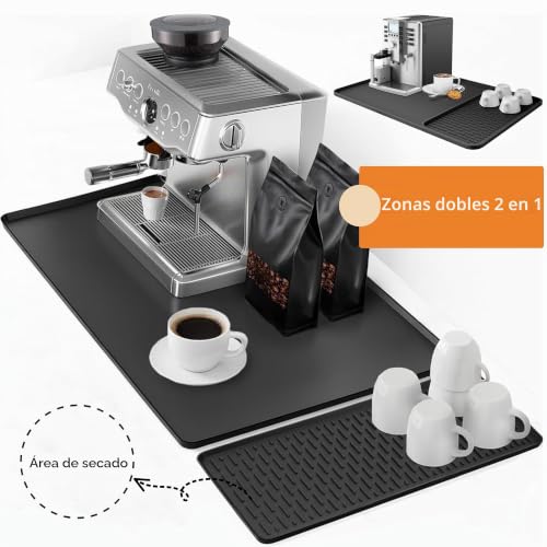 Miniatura 2 de Alfombrilla Para Cafetera De Silicona 2 En 1, 60 X 40 Cm, Con Escurreplatos Desmontable Y Bordes Elevados, Antideslizante, Protector De Encimera Para Cocina Y Bar