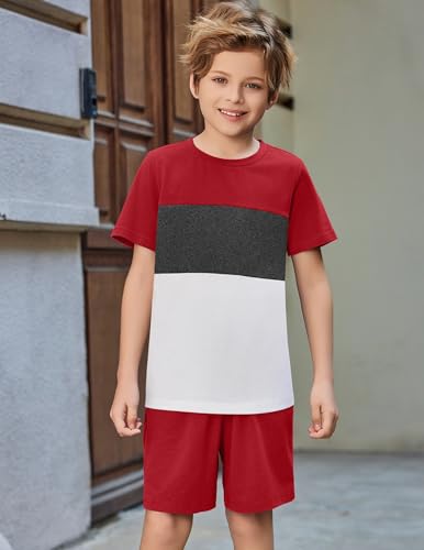 Image of Arshiner Boys' 2-Piece Cotton Outfit Color Block T-Shirt and Shorts Set Summer Camo Clothes for Kids 5-14 Years
