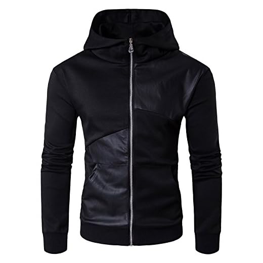 Elonglin Jaqueta masculina com capuz couro sintético emendado mangas compridas patchwork meninos inverno blusa zíper outono casaco preto, Preto, X-Small