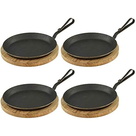 Servierpfanne aus Schmiedeeisen gebogener Hakenstiel Ø 24 cm 4 Stück inklusive Brett Cover
