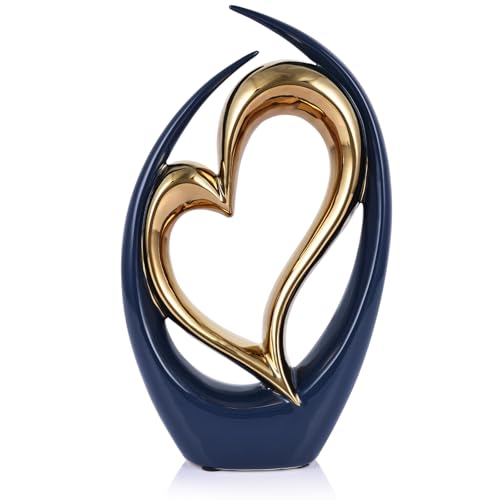 Estatua decorativa de corazón de cerámica azul y oro