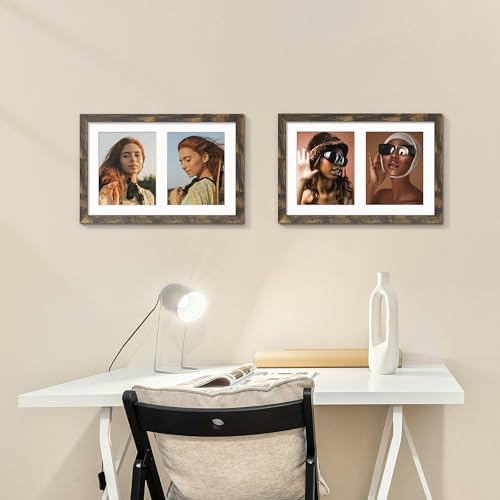 Image of DUENPY 12x19 Double Picture Frame 8x10 Displays Two 8x10 inch Photos Collage Available Horizontal Wall Mounting Display and Vertical Brown