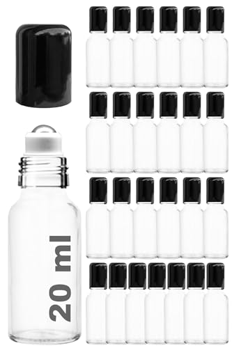 20 ml Çelik Roll On Şişesi 20 cc Sızdırmaz Siyah Kapaklı Cam Şişe 25 Adet (Şeffaf, 20)