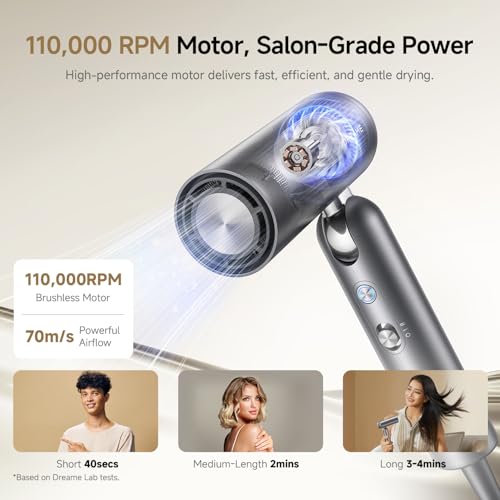 Image of Dreame Pocket Pro Hair Dryer, Dual Voltage Travel Blow Dryer with Diffuser, 1300W Professional HighSpeed Ionic Hair Blower, Fast Drying, Low Noise, Lightweight, No Heat Damage, Global Travel 120V /240V