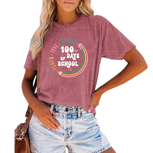Image of 100th Day of School Shirt for Women Teacher Graphic T-Shirt Funny Teach Short Sleeve Tee Tops