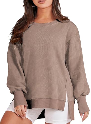 Eytino Plus Size Women Sweatshirt Oversized Crewneck Long Sleeve Slit Sloucthy Fall Clothes 2026 Fashion Outfits,5X Brown