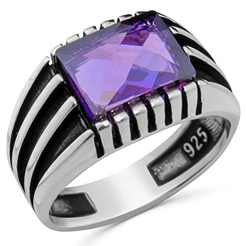 Solid 925 Sterling Silver Luxury Ring for men with Faceted Clear Purple Simulated Amethyst Stone