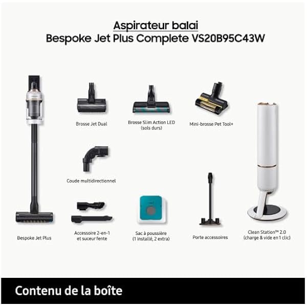 Samsung VS20B95C43W/WD Bespoke Jet Plus CompleteClean — аккумуляторный телескопический пылесос, All-in-One Clean Station и другие аксессуары, цвет Misty White, 210 Вт