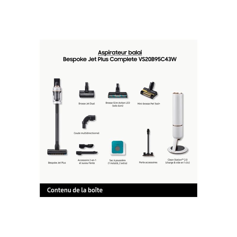 Samsung VS20B95C43W/WD Bespoke Jet Plus CompleteClean - Aspiradora inalámbrica telescópica, estación de Limpieza Todo en uno y Otros Accesorios, Misty White, 210 W