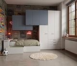 MOBILFINO CAMERETTE Cameretta a Ponte con Letto Singolo, Armadio e cassettiera - Spazio e Design - Bianco e Avio, Sinistra