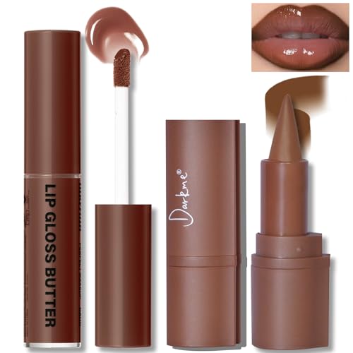 Lip Liner Butter Gloss Set, Light Brown Plumping Lip Liner Lip Pencil Moisturizing Lightweight Lip Gloss Lip Combo, High Shine Glossy Lip Tint Lip Stain Makeup Long Lasting Lip Care for Women