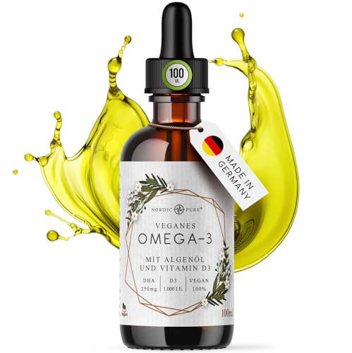 Veganes Omega 3 Algenöl Präparat | DHA aus der Mikroalge Schizochytrium sp. | Mit Vitamin D3 | Auf Basis von Hanfsamenöl | Hoher Anteil an Alpha-Linolsäure und Alpha Linolensäure, 100 ml