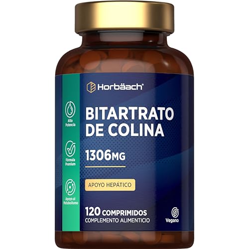 Bitartrato de Colina 1305mg | 120 Comprimidos Veganos | Colina Natural Activa | 652mg por comprimido | Contribuye al Metabolismo Normal de la Homocisteína de los Lípidos y La Función Hepática Normal