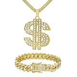 2 Pcs Gold Chain Dollar Sign Necklaces with Cuban Link Bracelet Set, 80s 90s Costume Big Fake Gold Chains Money Pendant Hip Hop Rapper Punk Jewelry for Men Women Party Accessories