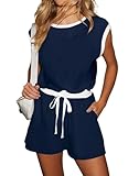 LEEDYA Rompers for Women Casual Summer Short Sleeve Jumpsuit 2025 Trendy One Piece Outfit Shorts Pajama Set with Pockets Blue L