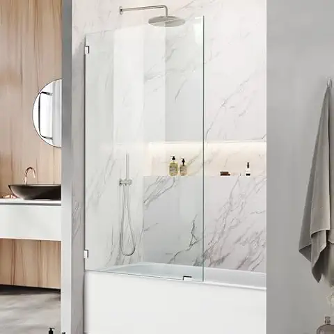 34" W x 58" H Frameless Single Fixed Bath Panel, Fixed Bathtub Screen with Clamps, 1/4" Clear Glass, Bathroom Shower Door Screen Fixed Tub Shower Glass Door Panel, Silver Cover