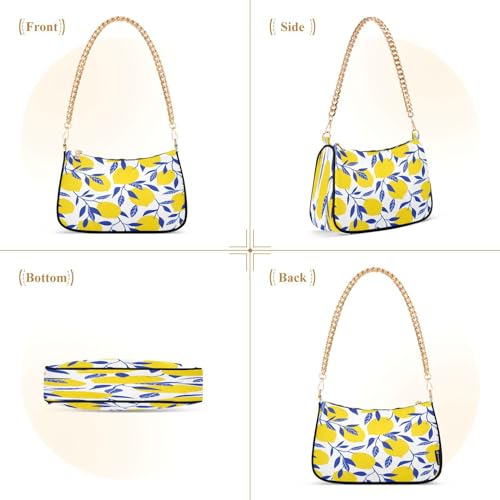 Image of Shoulder Bags for Women Vintage Yellow Lemon Fruit and Blue Print Hobo Tote Handbag Small Clutch Purse with Zipper Closure
