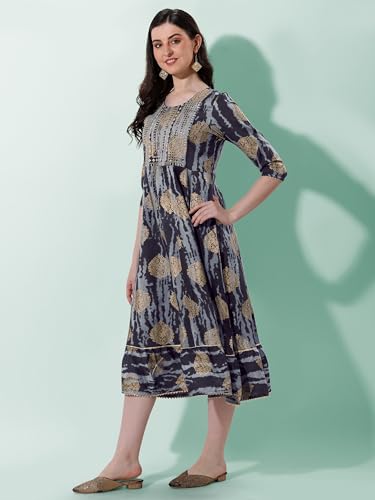 Image of MIRCHI FASHION Women's Cotton Relaxed Fit A Line Sequins Embroidery Work Foil Printed A-Line Kurti Only