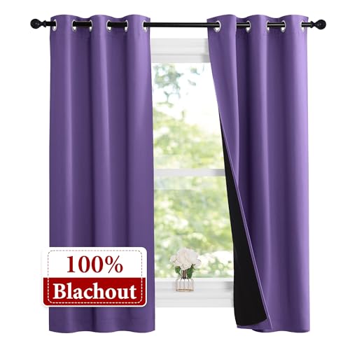 Image of NICETOWN 100% Blackout Short Curtains with Black Liners, Solid Thermal Insulated Full Blackout 2-Layer Lined Drapes, Energy Efficiency Window Drapes for Bedroom (2 Panels, 37 inchW by 63 inchL, Lilac Purple)