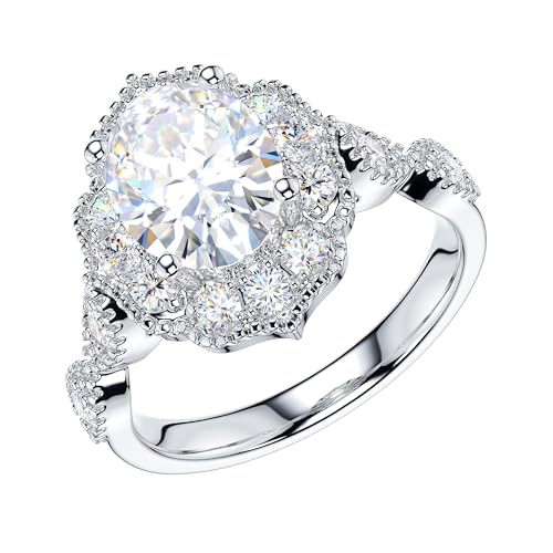 THELANDA 2CT Oval Cut Genuine Moissanite or Simulated Diamond Sterling Silver Milgrain Vintage Promise Ring Halo Engagement Ring2
