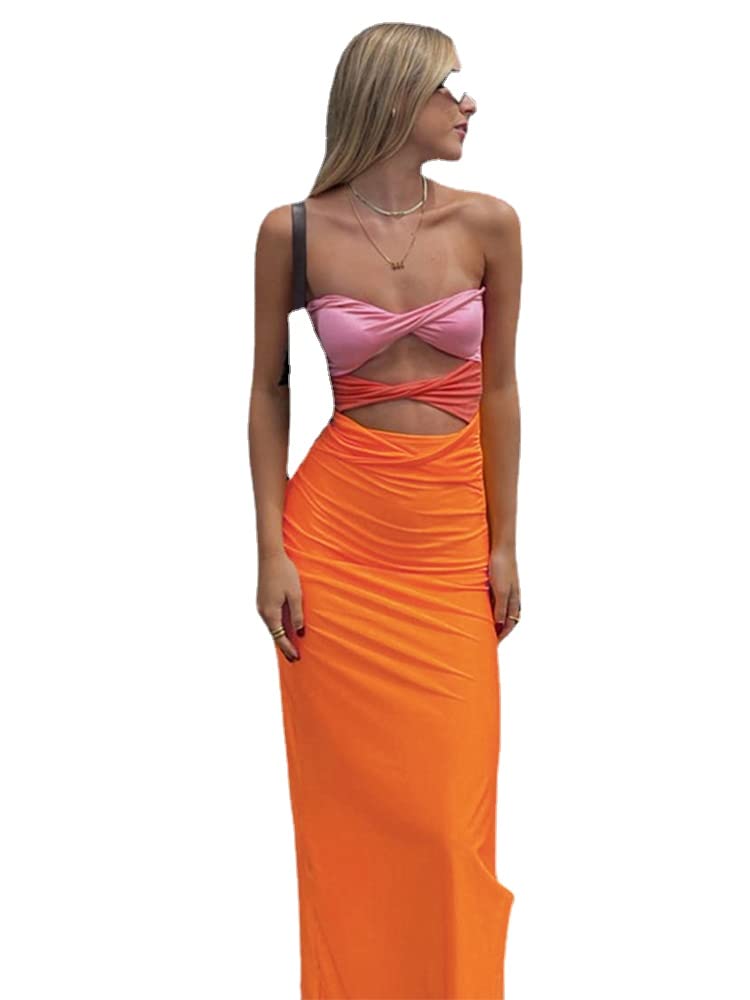 heyheyshine Patchwork Y2K Strapless Dress Party Sleeveless Backless Sexy Hollow Out Dresses Women Summer Beach (Orange,S,Small)