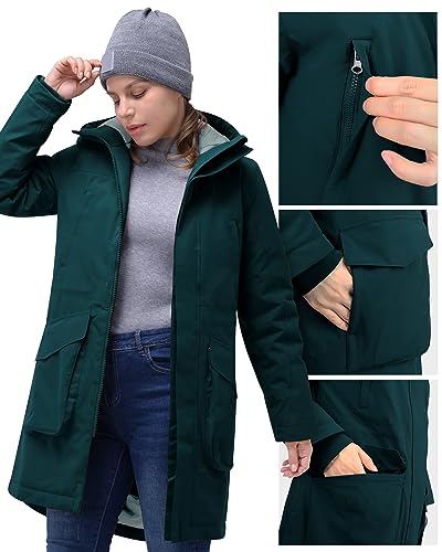 33,000ft Damen Wintermantel Lange Warme Winterjacke Parka Regenjacke Verdickene Funktionsjacke Mit Kapuze Übergangsjacke Outdoorjacke, Petrol XS