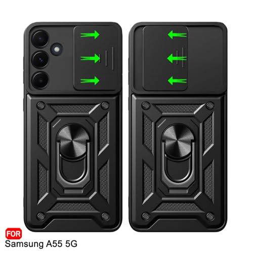 Image of TheGiftKart Tough Armor Bumper Back Cover Case for Samsung Galaxy A55 5G | Ring Holder & Kickstand in-Built | 360 Degree Protection Case Cover for Samsung A55 (PC & TPU, Sliding Camera Cover, Black)
