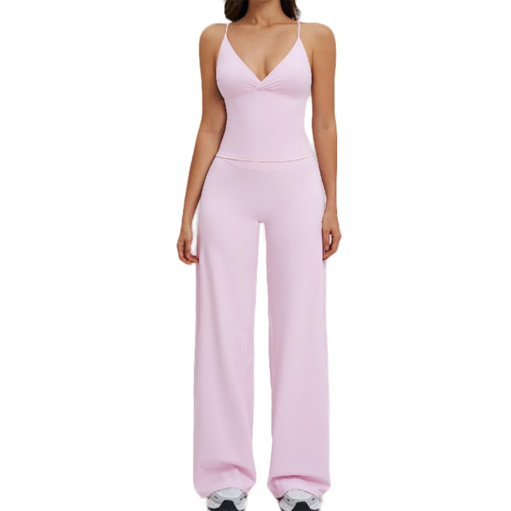 XYFfybhsd Women Wide-Leg Pants Beautiful Yoga Set Casual Running Cycling Fitness Two-Piece Activewear(Size:XL,Color:Pink)