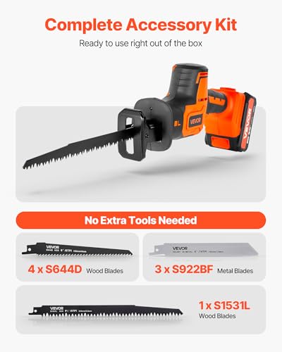 Image of VEVOR Cordless Reciprocating Saw, 20V Brushless Reciprocating Saw with Battery, 3000 SPM Variable Speed, 1 inch Stroke Length Charger, 8 Blades, and Carrying Bag, for Wood, Metal and Plastic Cutting