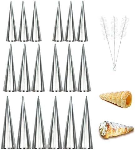 Non-Stick Cream Cannoli Tubes, RoseFlower 20 Pcs Stainless Steel Screw Croissant Mould Cannoli Shells Horn Cones Molds with 2 Clean Brush - Pastry Baking Set for Christmas Halloween Anniversary Party
